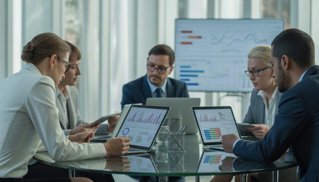 A group of business professionals reviewing rental data charts on digital devices around a glass table in a bright office.