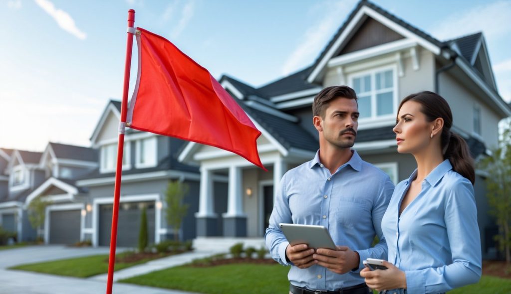 A red flag floating over a rental property as a male and female real estate investor watch, trying to assess the potential risk of investing in the property.