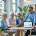 A group of senior adults and a financial advisor discussing investment plans in a bright office.
