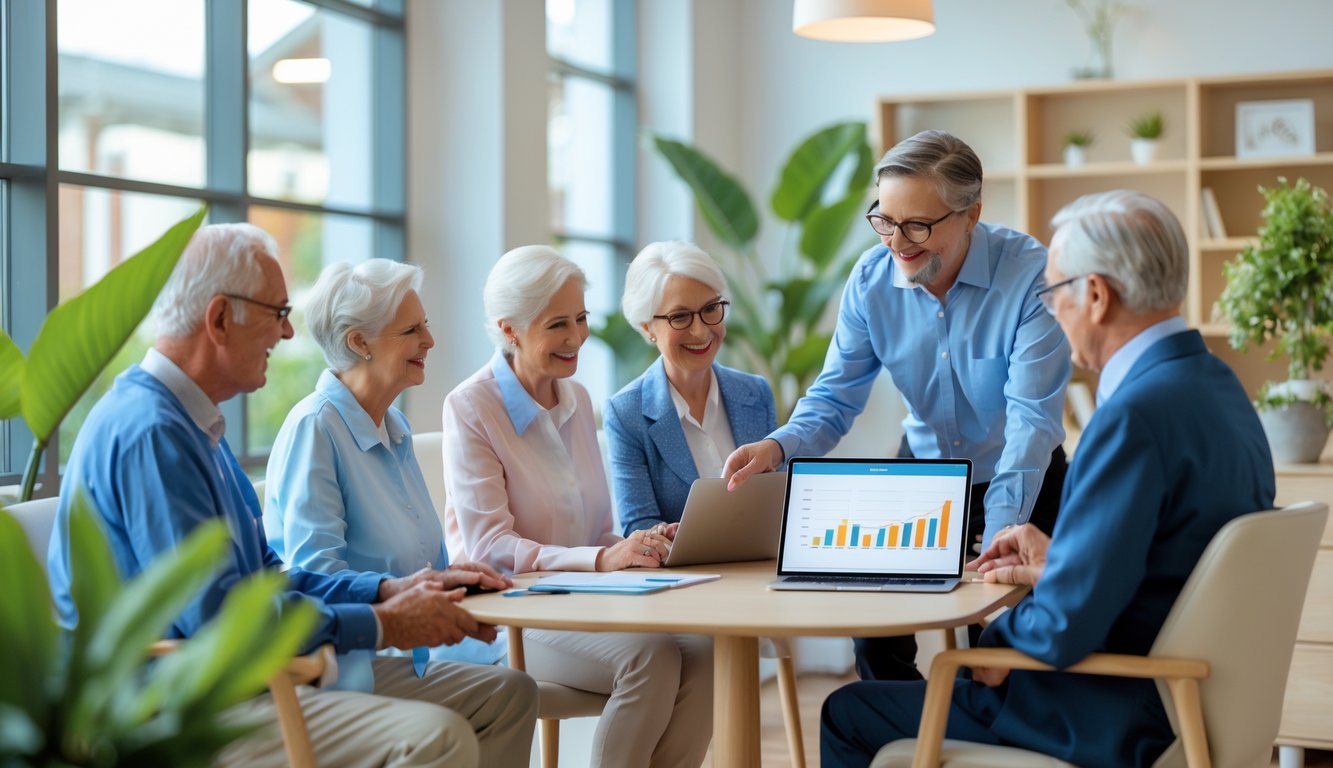 A group of senior adults and a financial advisor discussing investment plans in a bright office.