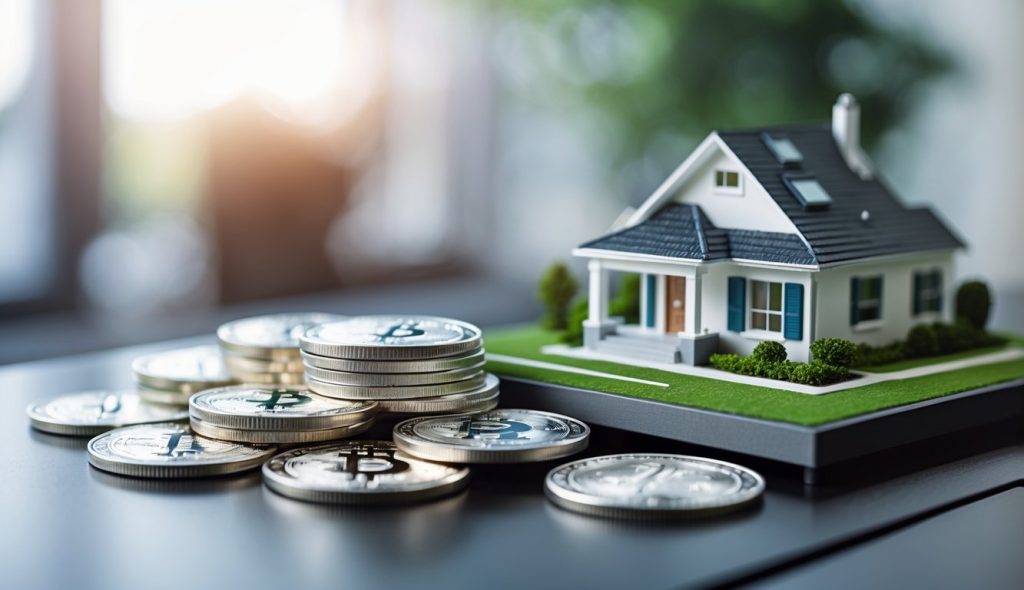 Stacked stable coins on one side and a miniature house model on the other side placed on a table, illustrating a comparison between digital currency and real estate.