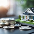 Stacked stable coins on one side and a miniature house model on the other side placed on a table, illustrating a comparison between digital currency and real estate.