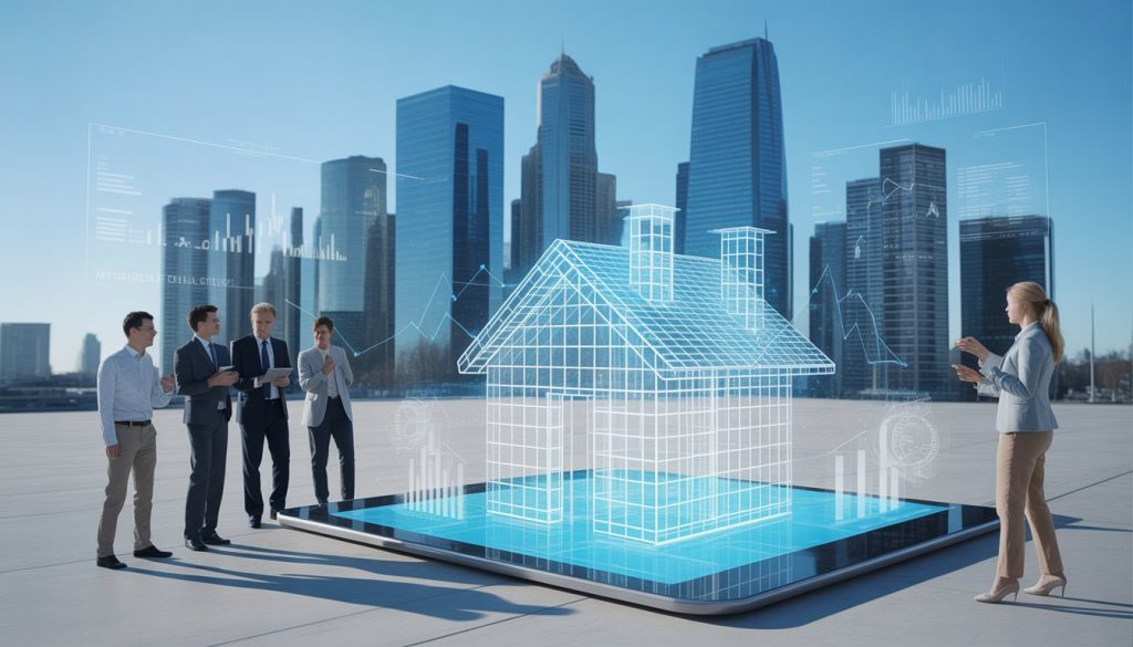 A group of business professionals discussing a digital hologram of a real estate property in front of a modern city skyline.