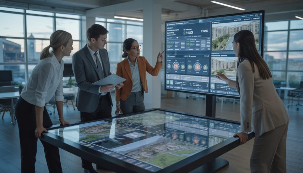 A group of business professionals collaborating around a digital touchscreen table displaying real estate data in a modern office with a city view.