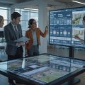 A group of business professionals collaborating around a digital touchscreen table displaying real estate data in a modern office with a city view.