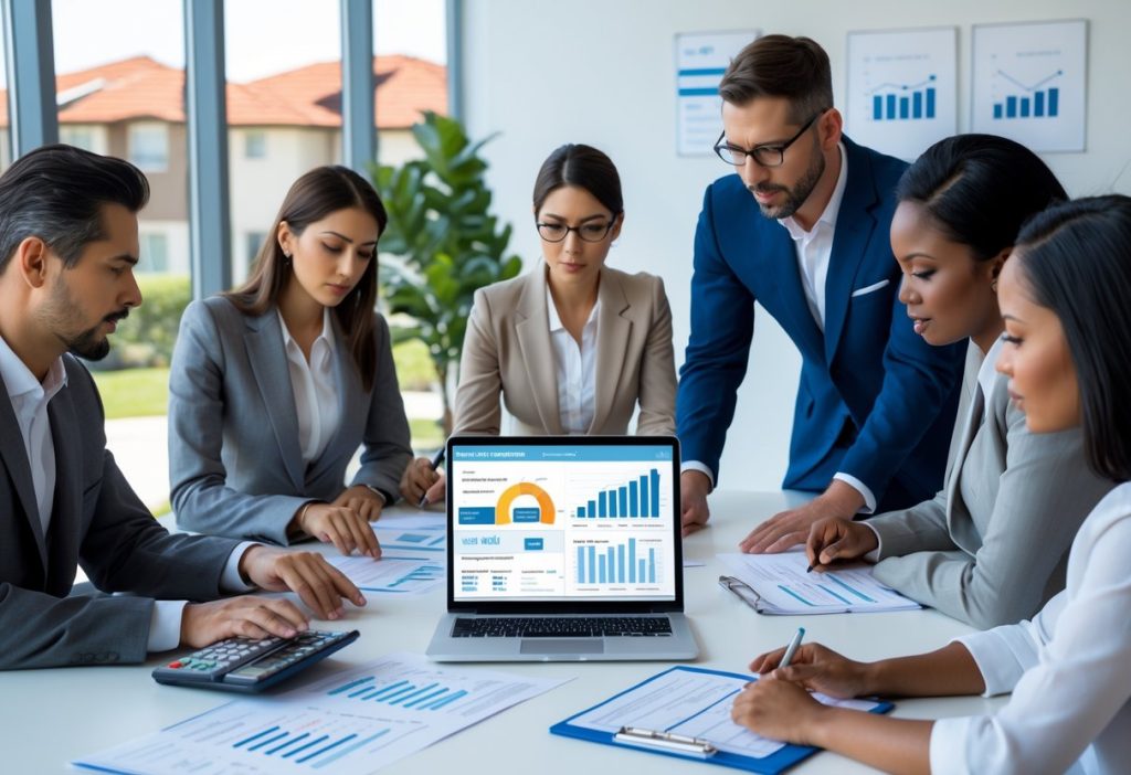 A real estate agent and a group of buyers discussing property options in an office with a city view, looking at a tablet displaying market data.