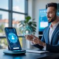 A real estate agent using a voice-activated smart device in an office with property images displayed in the background.
