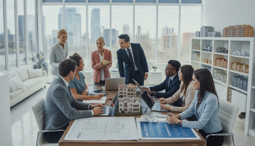 A group of business professionals meeting in an office with laptops and property documents, with a city skyline visible through large windows.