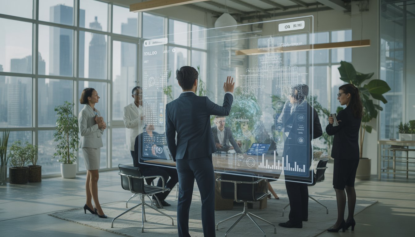 A group of real estate professionals working together in an office with a large digital screen showing property data and graphs.