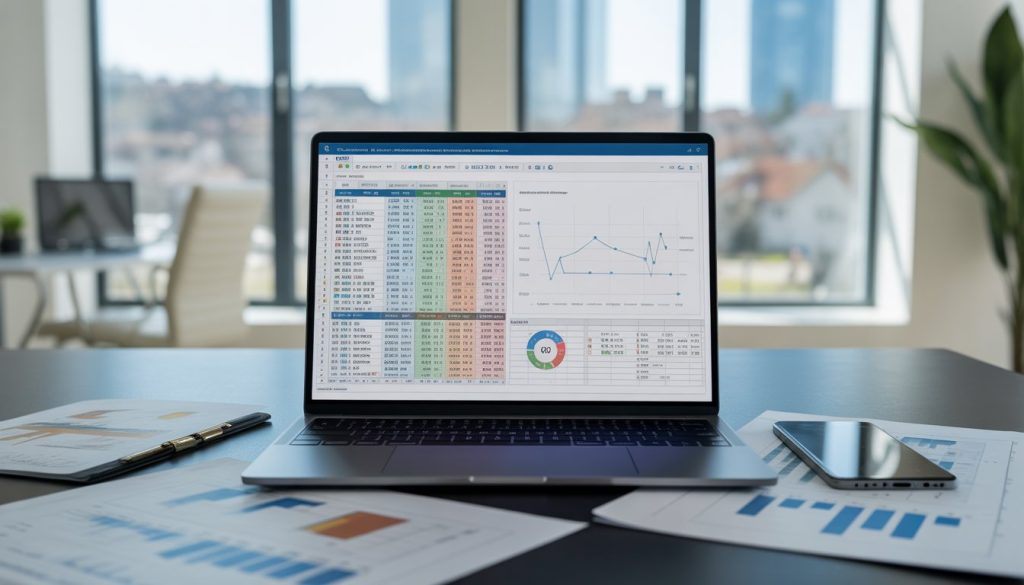 A laptop displaying real estate data in spreadsheets on a desk with documents and a smartphone in a bright office overlooking city buildings.