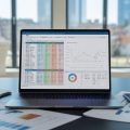 A laptop displaying real estate data in spreadsheets on a desk with documents and a smartphone in a bright office overlooking city buildings.