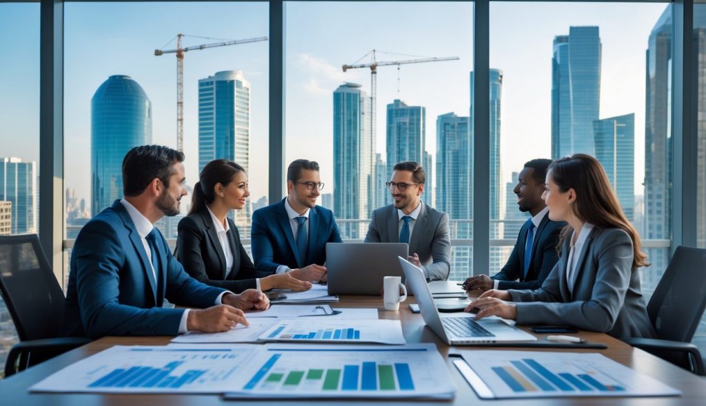 Three business professionals discussing real estate plans around a conference table in a bright office.
