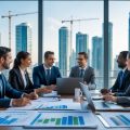 Three business professionals discussing real estate plans around a conference table in a bright office.