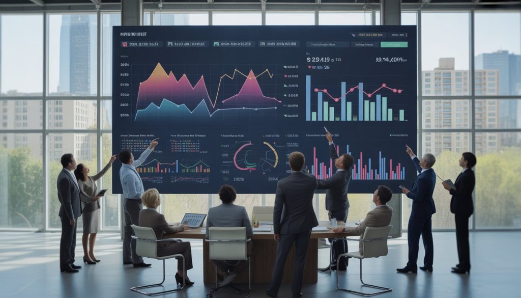 A group of business professionals analyzing rental price trend charts on a digital touchscreen table in a modern office with a cityscape visible through large windows.