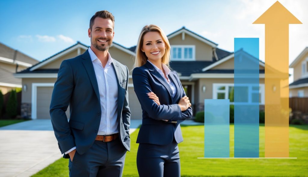 A male and a female real estate investor standing in front of a house and smiling. There is an arrow increasing in height from left to right indicating rising rent.