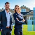 A male and a female real estate investor standing in front of a house and smiling. There is an arrow increasing in height from left to right indicating rising rent.