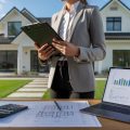 A real estate appraiser examining a modern house with a clipboard and tablet, with blueprints, calculator, and laptop on a table nearby.