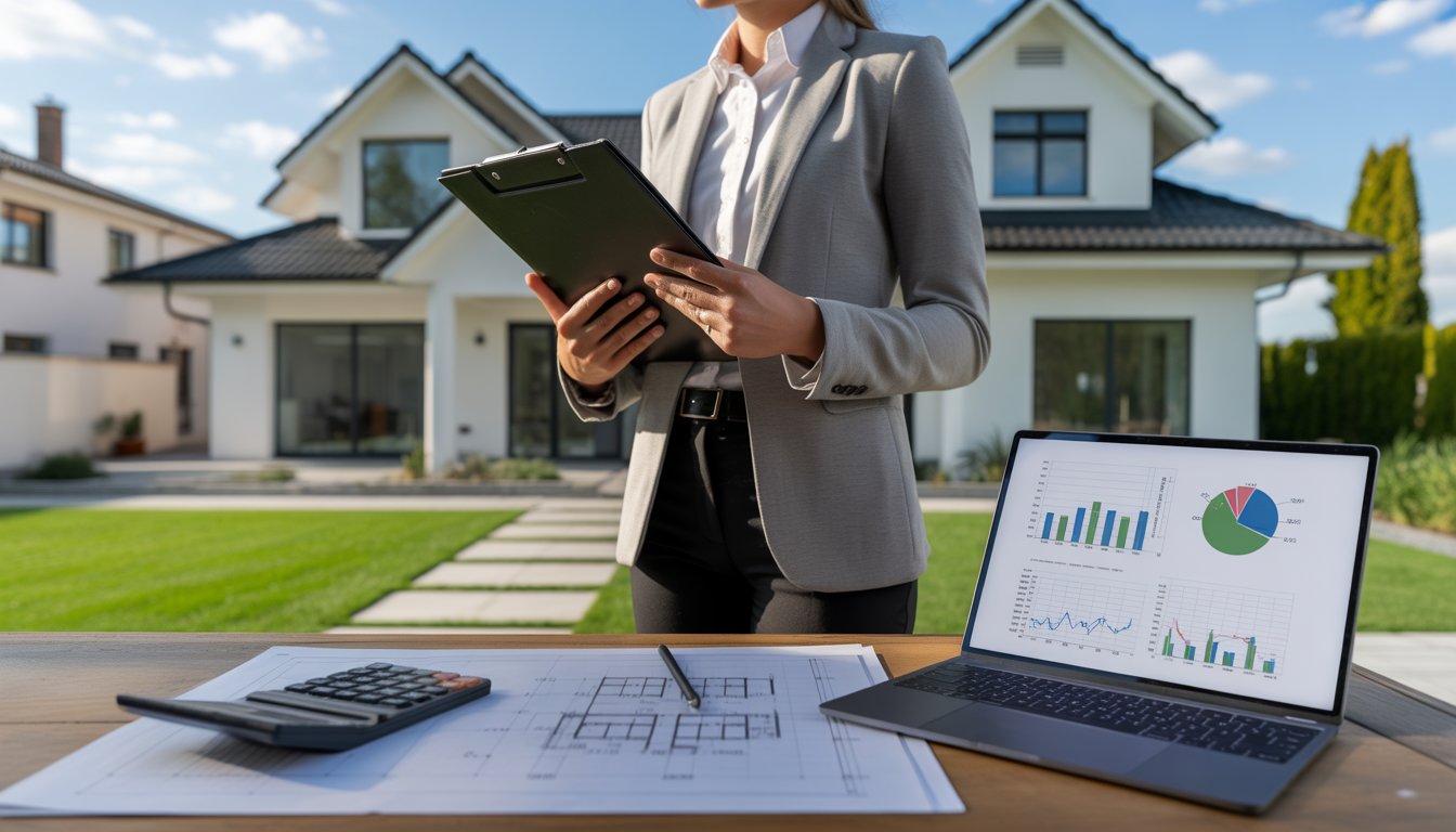 A real estate appraiser examining a modern house with a clipboard and tablet, with blueprints, calculator, and laptop on a table nearby.
