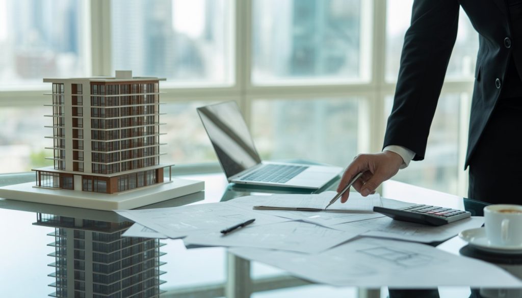 A professional reviewing blueprints and financial documents with a building model on a table in a modern office with city views.