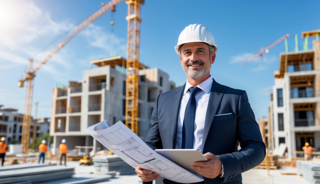 A real estate developer wearing a hard hat and suit stands at a construction site holding blueprints and a tablet.