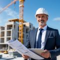 A real estate developer wearing a hard hat and suit stands at a construction site holding blueprints and a tablet.