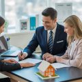 A real estate agent and a couple sitting at a desk signing a contract with a small house model nearby.