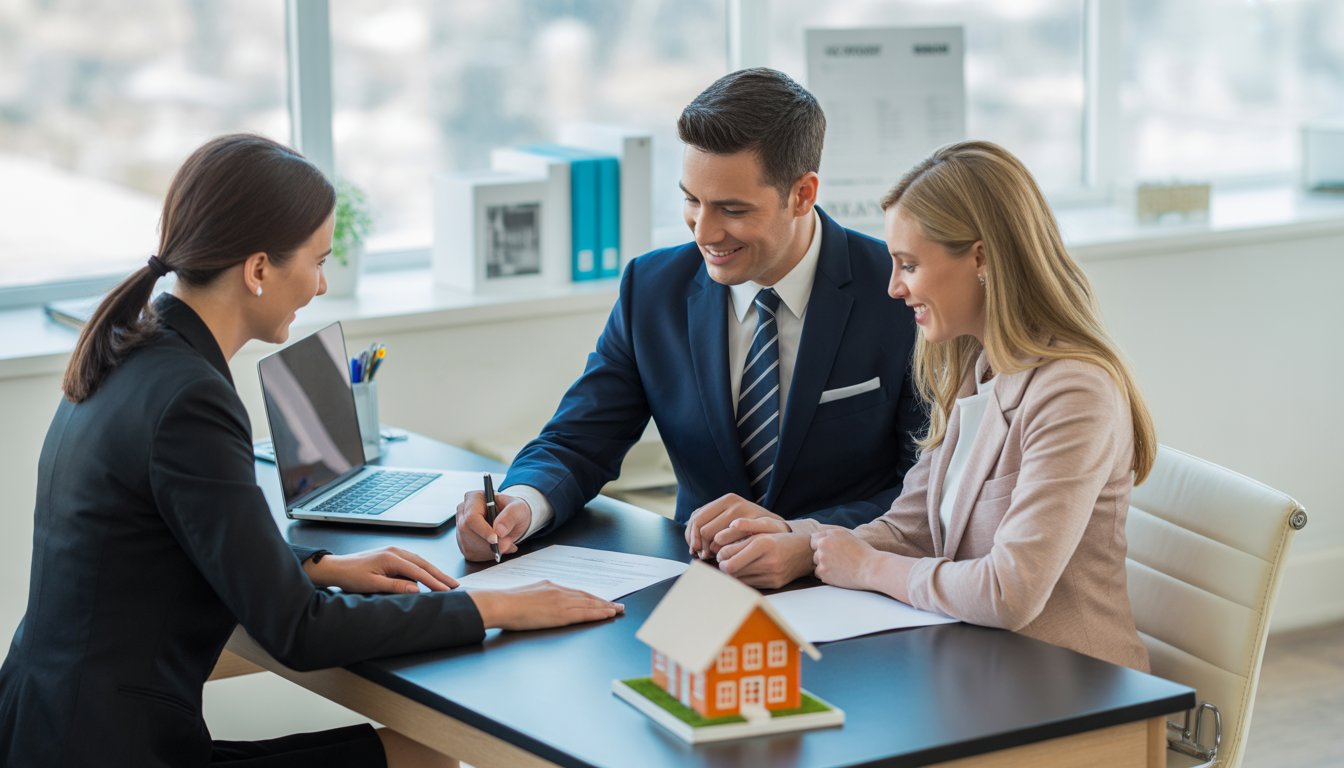 A real estate agent and a couple sitting at a desk signing a contract with a small house model nearby.