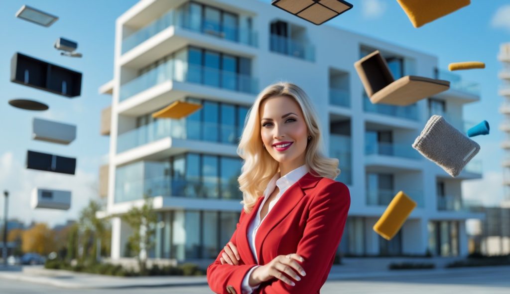 A blonde female real estate investor in a red dress and white blouse standing in front of an apartment building. Different parts of the apartment building are floating in the air - furniture, appliances, carpets, etc. - symbolizing the different cost components of the building.