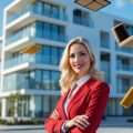 A blonde female real estate investor in a red dress and white blouse standing in front of an apartment building. Different parts of the apartment building are floating in the air - furniture, appliances, carpets, etc. - symbolizing the different cost components of the building.