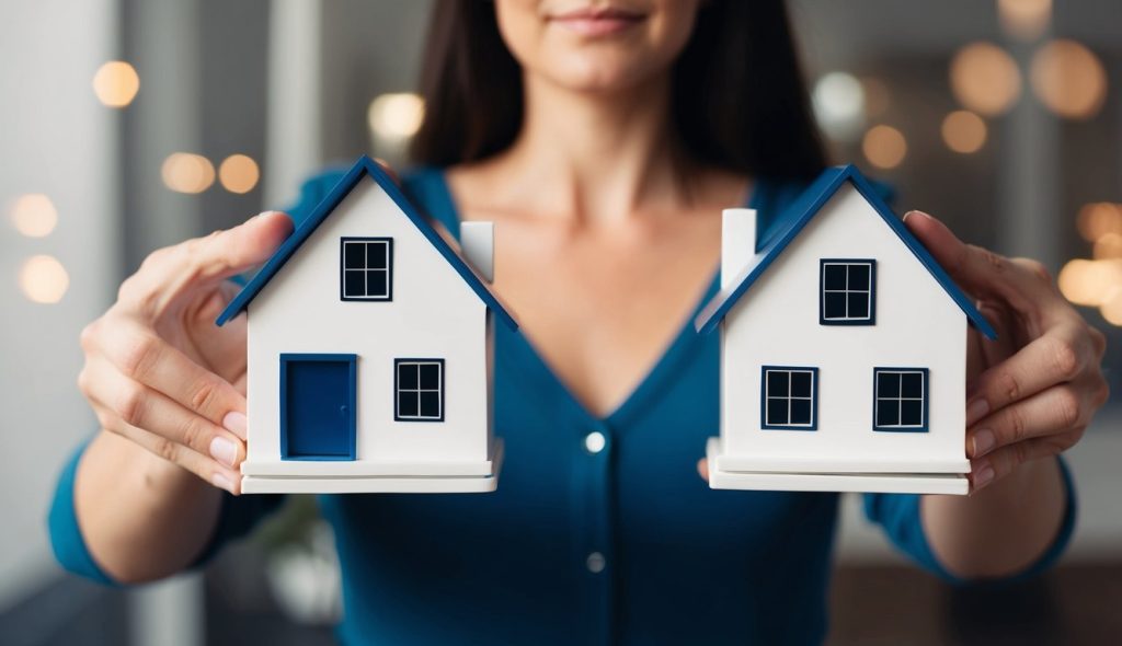 A real estate investor holding to potential rental properties side by side, deciding which will make the better rental property investment.