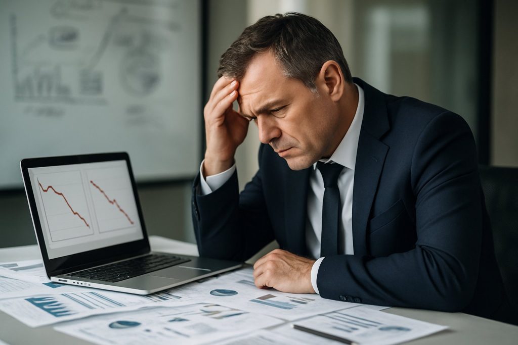 A stressed businessman sitting at a desk with financial documents and a laptop showing declining graphs, looking frustrated in an office.