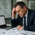 A stressed businessman sitting at a desk with financial documents and a laptop showing declining graphs, looking frustrated in an office.