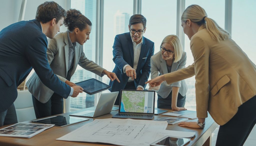 A group of real estate professionals collaborating around a table with laptops, tablets, and property documents in a modern office with city views.