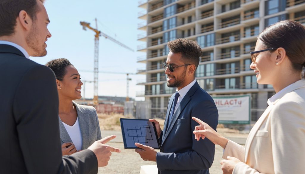 Two business professionals discussing real estate plans near a new residential building under construction.