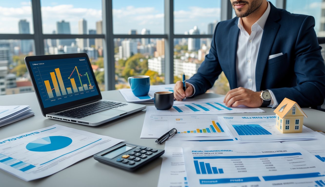 A real estate agent in an office reviewing financial documents and property models with a city skyline visible through large windows.