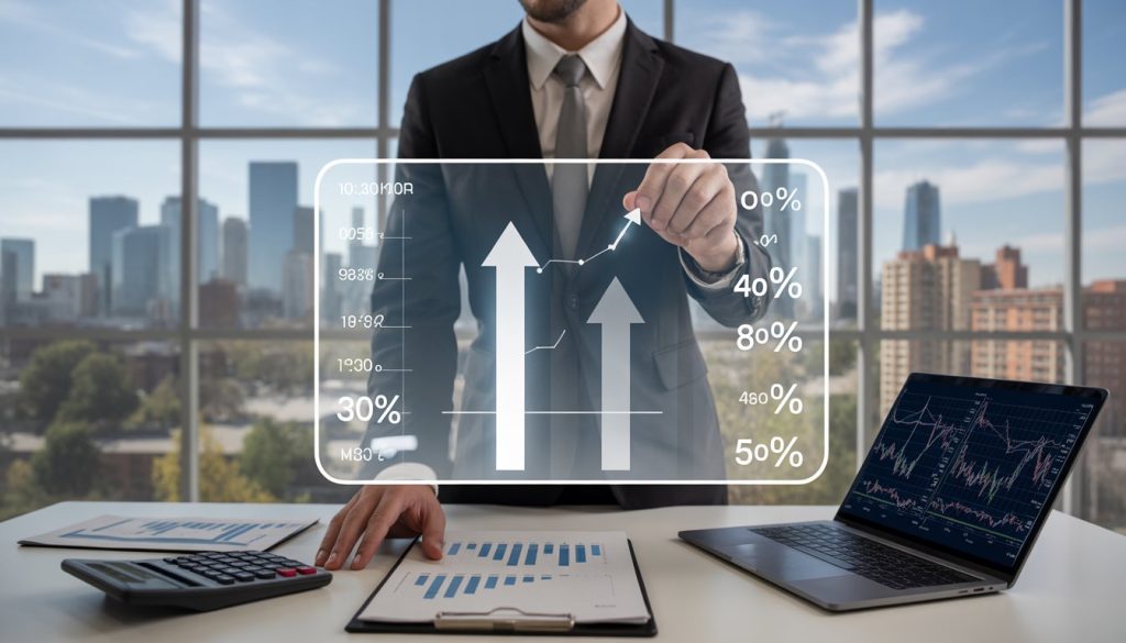 A businessperson in an office analyzing financial graphs and charts with a city skyline visible through the window.