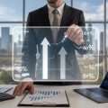 A businessperson in an office analyzing financial graphs and charts with a city skyline visible through the window.