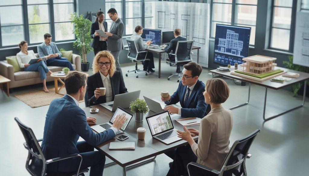 A modern office with people collaborating around a table and others working at desks and lounge areas, surrounded by real estate plans and models.
