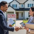 Two business professionals shaking hands in front of a modern house with a sold sign, holding documents and a calculator.