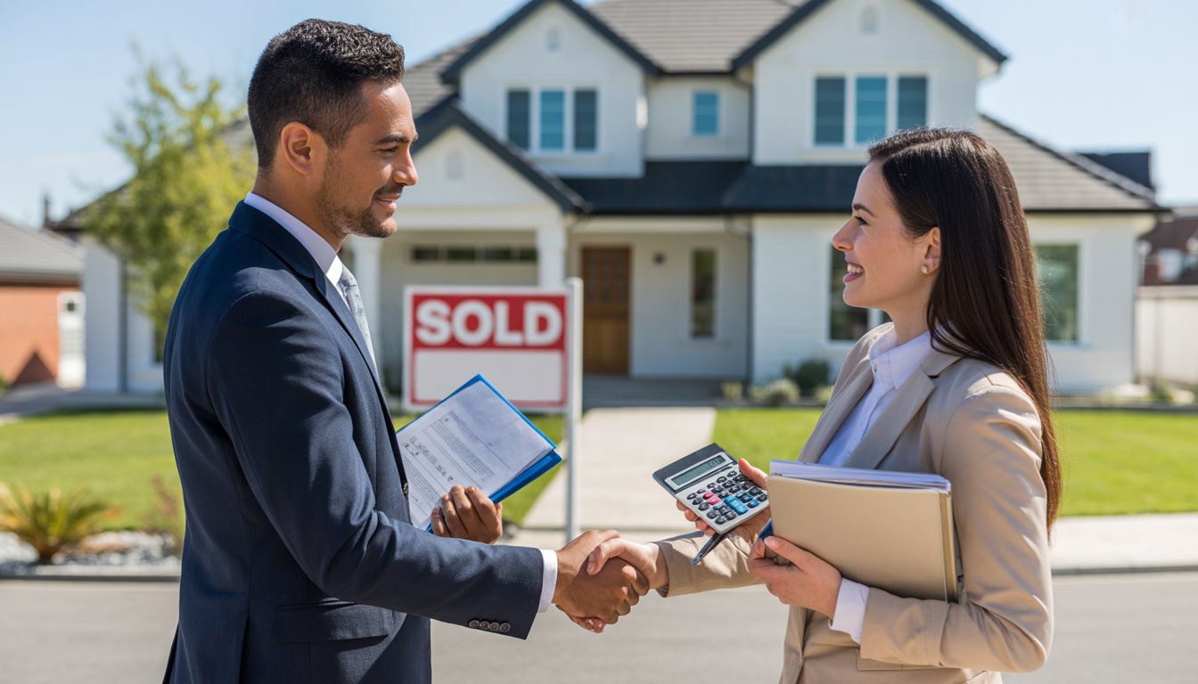 Two business professionals shaking hands in front of a modern house with a sold sign, holding documents and a calculator.