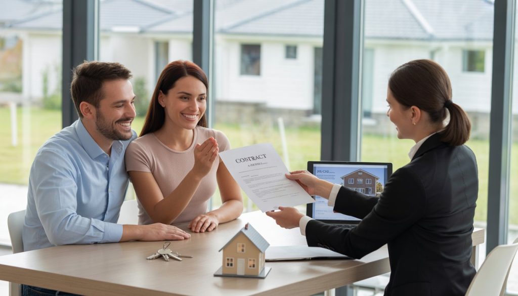 A couple sitting at a desk with a real estate agent reviewing a contract in a bright office with a house model and keys on the table.