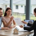 A couple sitting at a desk with a real estate agent reviewing a contract in a bright office with a house model and keys on the table.