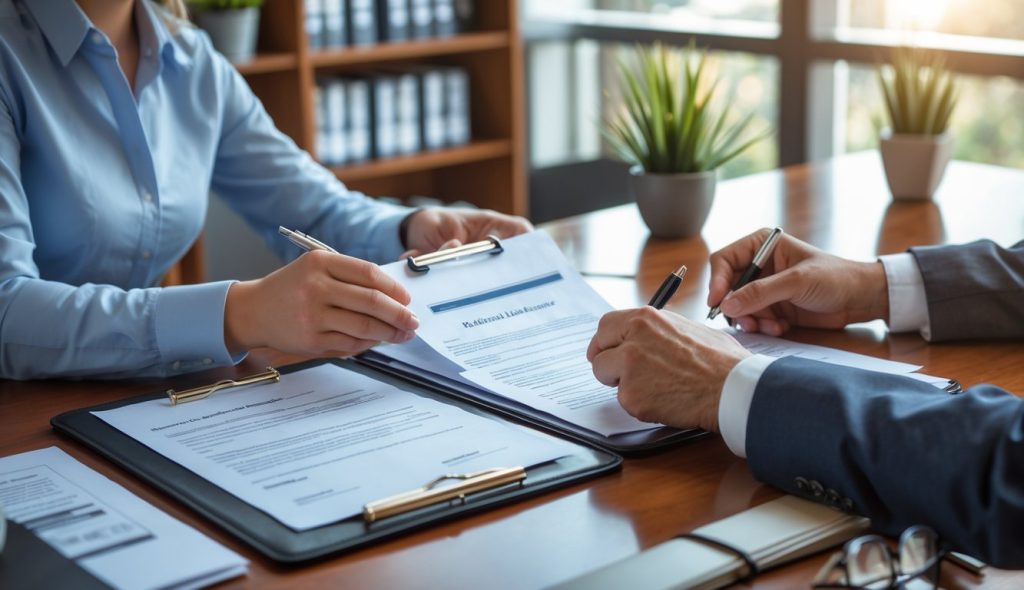 A businessperson in an office with a city skyline in the background, holding a tablet and surrounded by real estate plans and financial tools.