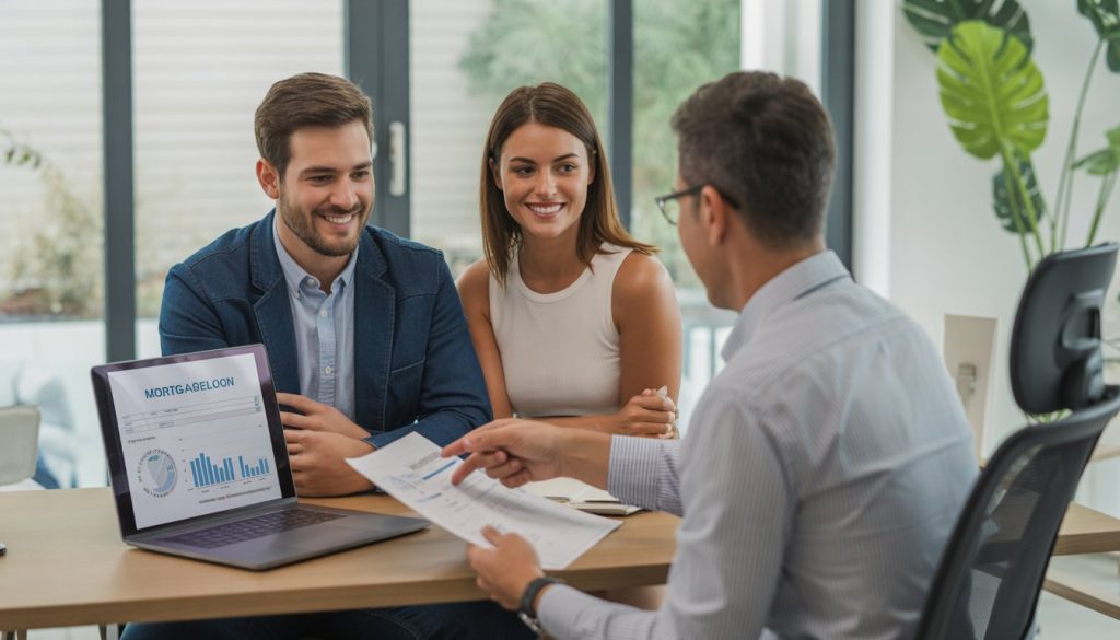 A young couple meeting with a mortgage advisor in a bright office, reviewing documents together.