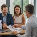 A young couple meeting with a mortgage advisor in a bright office, reviewing documents together.