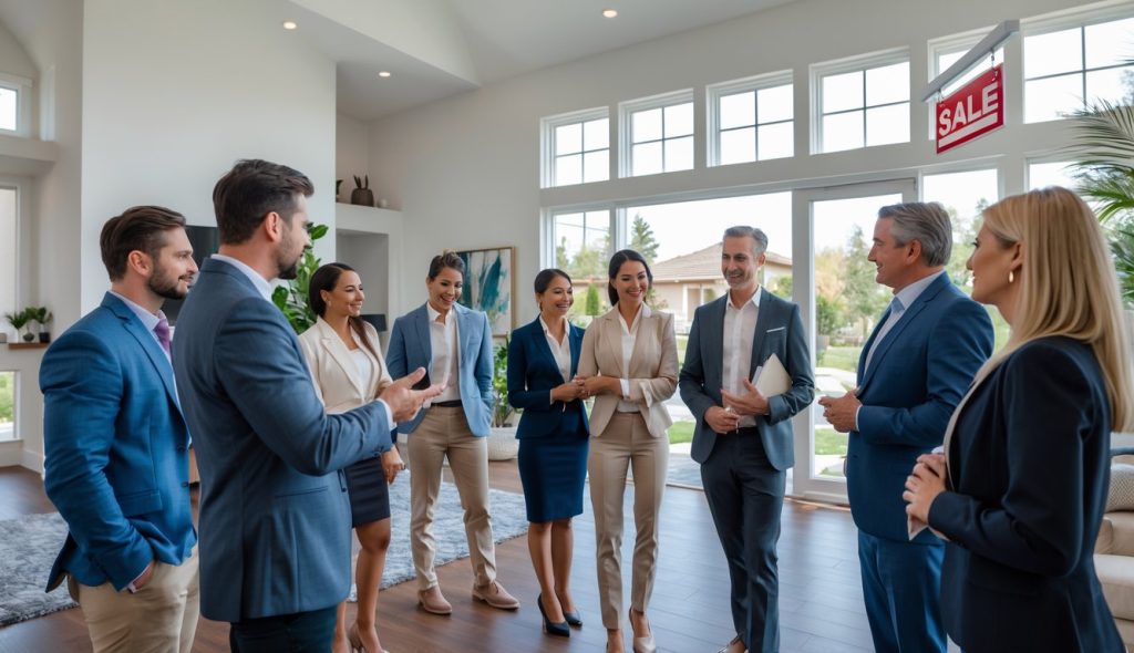 Real estate agent showing a house to several potential buyers inside a bright living room.