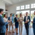 Real estate agent showing a house to several potential buyers inside a bright living room.
