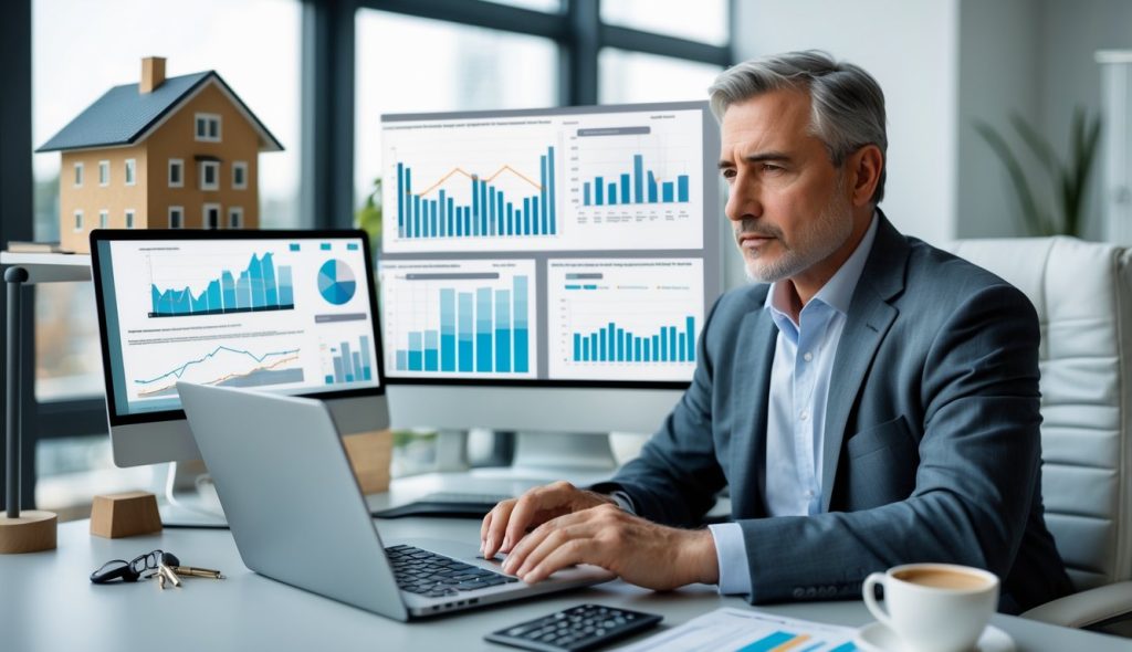 A businessperson in an office reviewing financial documents and charts related to real estate with a city skyline visible through large windows.
