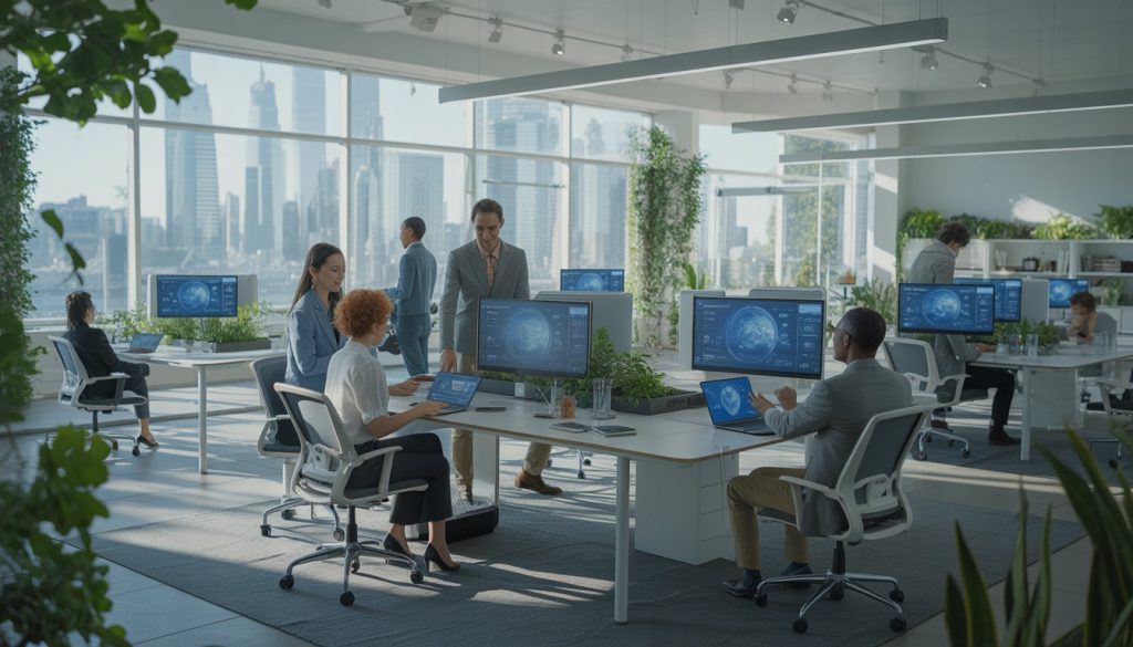 A bright modern office with diverse professionals working together using advanced technology and large windows showing a city skyline.