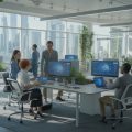 A bright modern office with diverse professionals working together using advanced technology and large windows showing a city skyline.